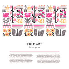 Folk art background with flowers and ornament isolated on white