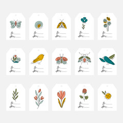 Fototapeta premium Spring tags and cards with flowers, insects,birds. Line art style
