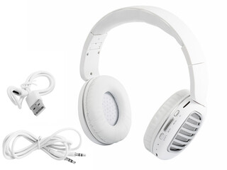 White overhead wireless headphones with leather ear pads. For quality music! Complete with white wires for charging and connecting to a computer