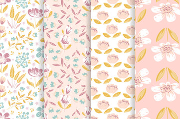 Set of seamless floral patterns, spring summer backdrop. Hand drawn surface pattern