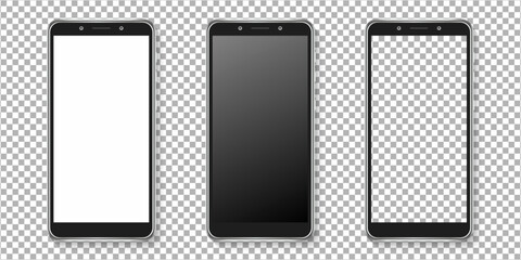 Realistic smartphone display mockup set. Smartphone mockup isolated on transparent background. Realistic vector illustration. - obrazy, fototapety, plakaty