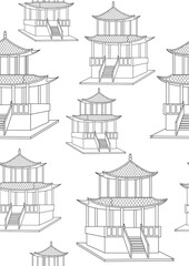 Seamless pattern with asian gazebo or japan architecture as a colorless coloring page, offline vector stock illustration as texture or background