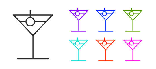 Black line Martini glass icon isolated on white background. Cocktail icon. Wine glass icon. Set icons colorful. Vector Illustration.