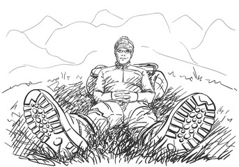 Perspective drawing of hiker man sitting on ground, with legs in trekking boots, stretched forward, and with back rested on backpack, in mountains environment. Hand drawn illustration, vector sketch