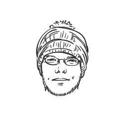 Head of unshaven man in knitted hat with bubo and in eyeglasses. Hand drawn illustration, vector sketch