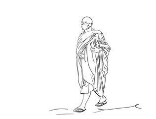 Sketch of walking buddhist monk in medical face mask with smart phone in hand, Hand drawn vector linear illustration isolated