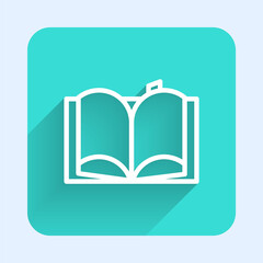 White line Open book icon isolated with long shadow. Green square button. Vector Illustration.