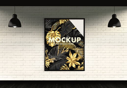 White Brick Wall Industrial Fashion Lamps Billboard Mockup