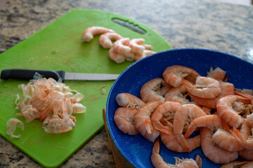 Fresh shrimp cooking and cleaning