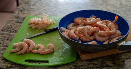 Fresh shrimp cooking and cleaning