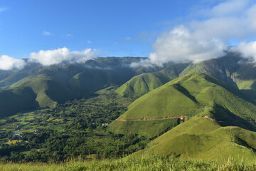 View of green hill on the spring. Bukit Holbung. Indonesia