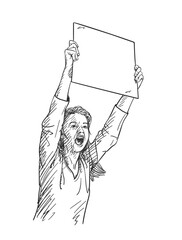 Woman with blank sign board is screaming during protest. Vector sketch, Hand drawn illustration