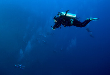Scuba diver underwater in the deep blue ocean.