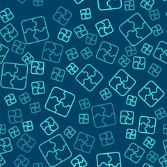 Green line Piece of puzzle icon isolated seamless pattern on blue background. Business, marketing, finance, template, layout, infographics, internet concept. Vector Illustration.