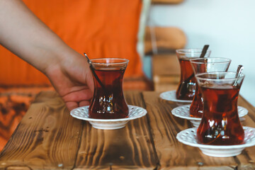 Tea glasses standing on the table. hot and fresh tea serving.