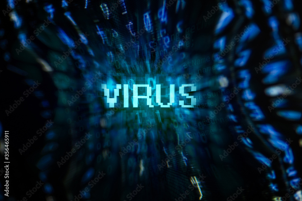 Poster Virus sign and digital binary data on computer screen. Close-up with small dept of field.