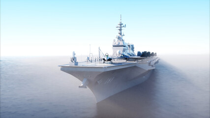 Aircraft carrier in sea, ocean with fighter. War and weapon concept. 3d rendering.