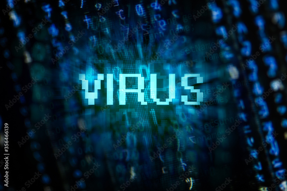 Poster Virus sign and digital binary data on computer screen. Close-up with small dept of field.