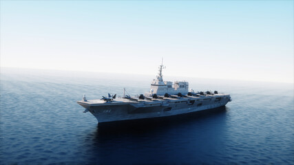 Fototapeta na wymiar Aircraft carrier in sea, ocean with fighter. War and weapon concept. 3d rendering.