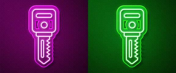 Glowing neon line House key icon isolated on purple and green background. Vector Illustration.