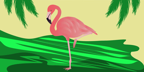 Flamingo pink stands on one leg - abstract bright background - vector. Tourist banner. Travel.