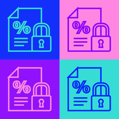 Pop art line Finance document and lock icon isolated on color background. Paper bank document for invoice or bill concept. Vector Illustration.