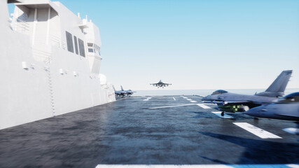 landing jet f16 on aircraft carrier in ocean. Military and war concept. 3d rendering.