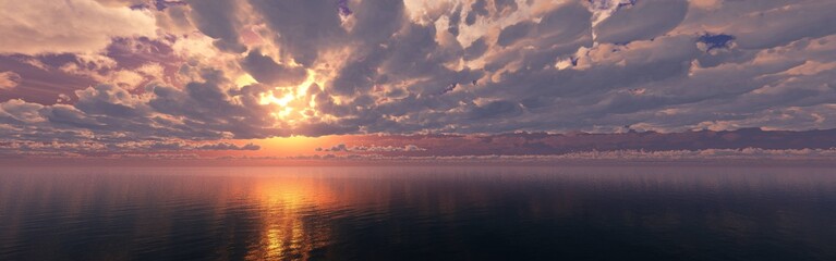 Dramatic sea sunset, evening over the ocean, clouds and the sun over the water, stormy sky, 3D rendering