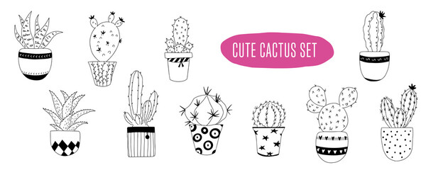 set of cute cactus plants in the pots. hand drawn vector illustration.