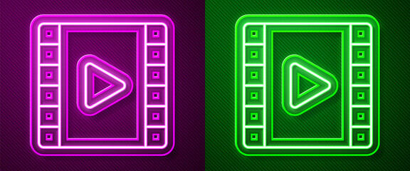 Glowing neon line Play Video icon isolated on purple and green background. Film strip with play sign. Vector Illustration.