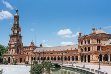 Panoramic view of the Plaza de España in Seville on a sunny day. Horizontal photograph
