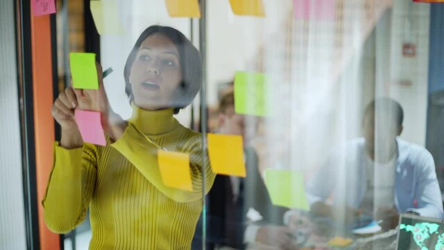 Group of business people brainstorming behind glass office wall. Female team leader sticking adhesive notes with ideas to glass