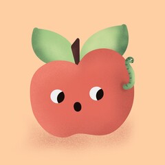 Cute cartoon character  apple with worm funny illustration