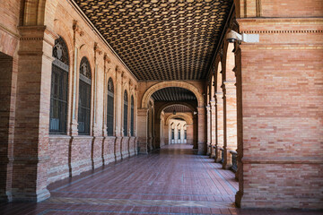 Corridor of the Plaza de España in Seville, Andalusia. Horizontal photography