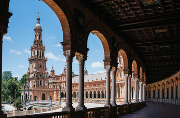 Panoramic view of the Plaza de España in Seville from inside one of its arches. Horizontal photograph