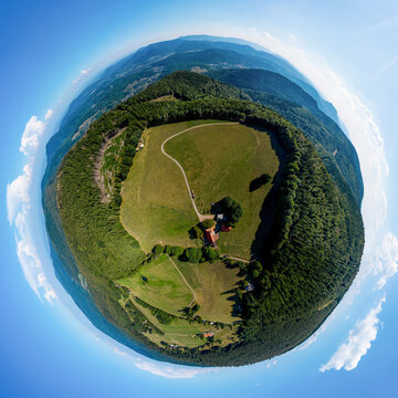 Abstract image of a small planet. Taken from the drone. Circular panorama.