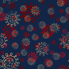 Seamless pattern virus simple vector doodle red and yellow on dark blue background