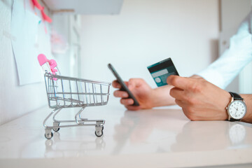 young man shopping online with phone and credit card in his hand