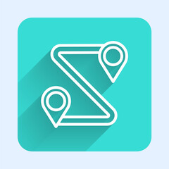 White line Route location icon isolated with long shadow. Map pointer sign. Concept of path or road. GPS navigator. Green square button. Vector Illustration.