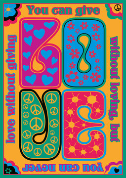 Love Lettering Poster 1960s Hippie Style Psychedelic Art Color Combination, Peace Symbol, Hearts, Flowers, Romantic Quote