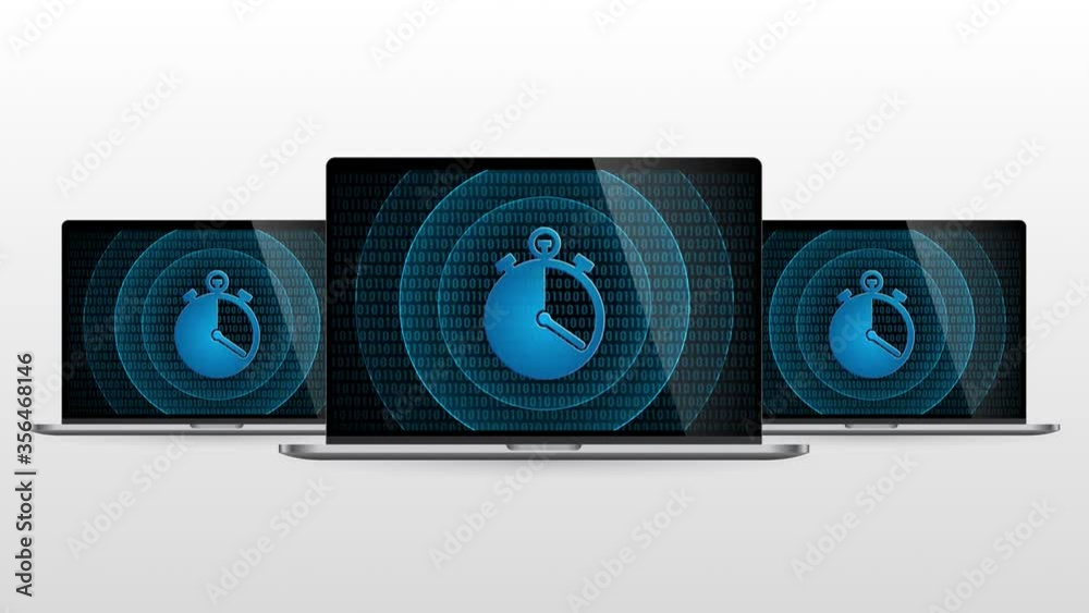 Poster laptop computer portable device with time meter. realistic laptop monitor with stopwatch symbol in s