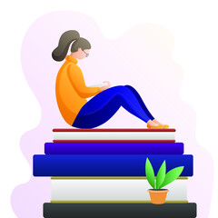 Girl or woman in glasses reading book on stack of books on white background. Education, studying, learning vector gradient  modern illustration.