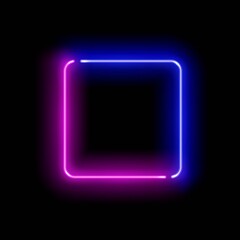 Realistic gradient neon square frame. Pink and blue colored blank template isolated on black empty grunge background. Geometric glow outline shape or laser glowing lines. Vector shining object.