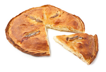 Sicilian Scaccia (or Scacciata) with Anchovies and Tuma Cheese - Typical Sicilian Pizza - Isolated on White Background