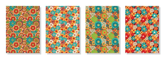 Vintage floral patterns set. Psychedelic or hippie style backgrounds. Abstract flowers and groovy colors