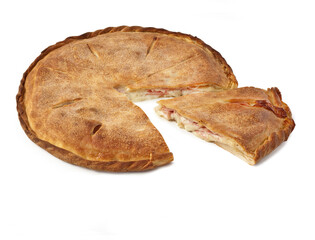 Sicilian Scaccia (or Scacciata) with Ham and Tuma Cheese - Typical Sicilian Pizza - Isolated on White Background