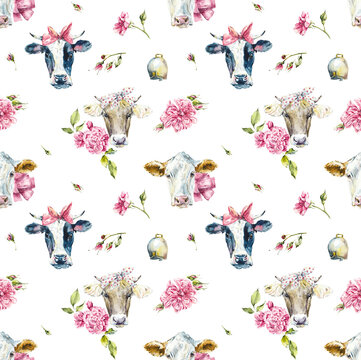 Seamless pattern with cow and pink roses. Watercolor hand drawn illustration