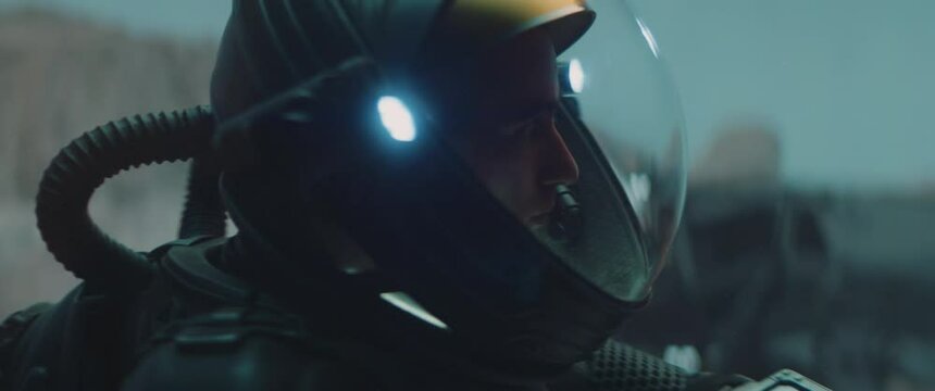 Caucasian male astronaunt checking hud on her suit while exploring planet surface, Mars colonization concept