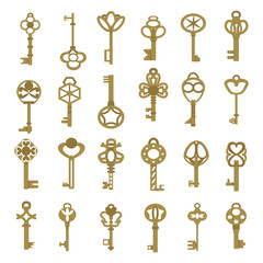 Vintage antique key collection in golden color isolated on white background, vector illustration