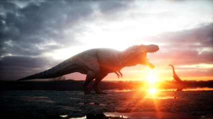Dinosaur. Prehistoric period, rocky landscape. Wonderfull sunrise. 3d rendering. © 3D motion